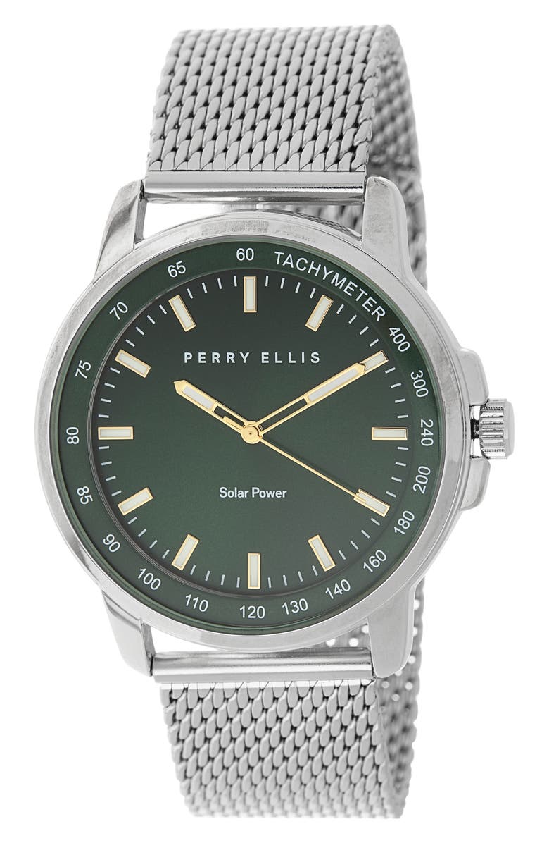 Perry Ellis Solar Powered Mesh Bracelet Watch, 41mm, Main, color, Silver