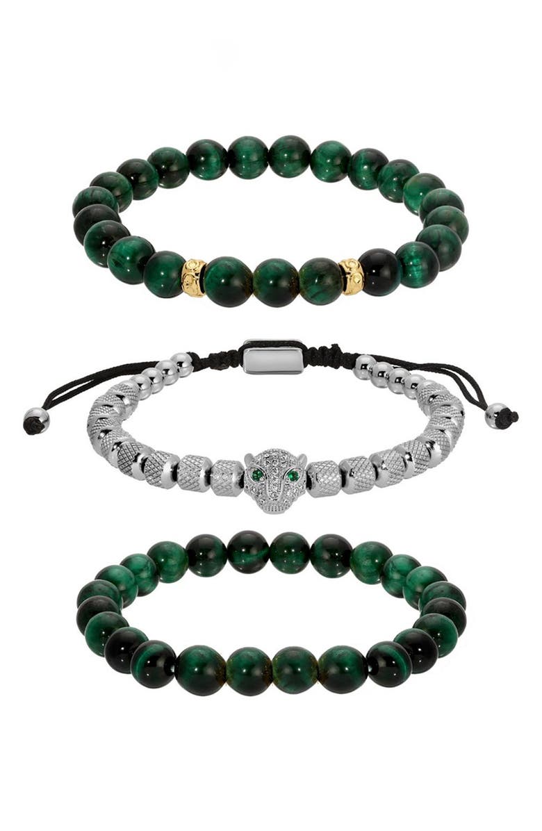 EYE CANDY LOS ANGELES 3-Pack Leopard Green Tigers' Eye Bracelets, Alternate, color, Silver