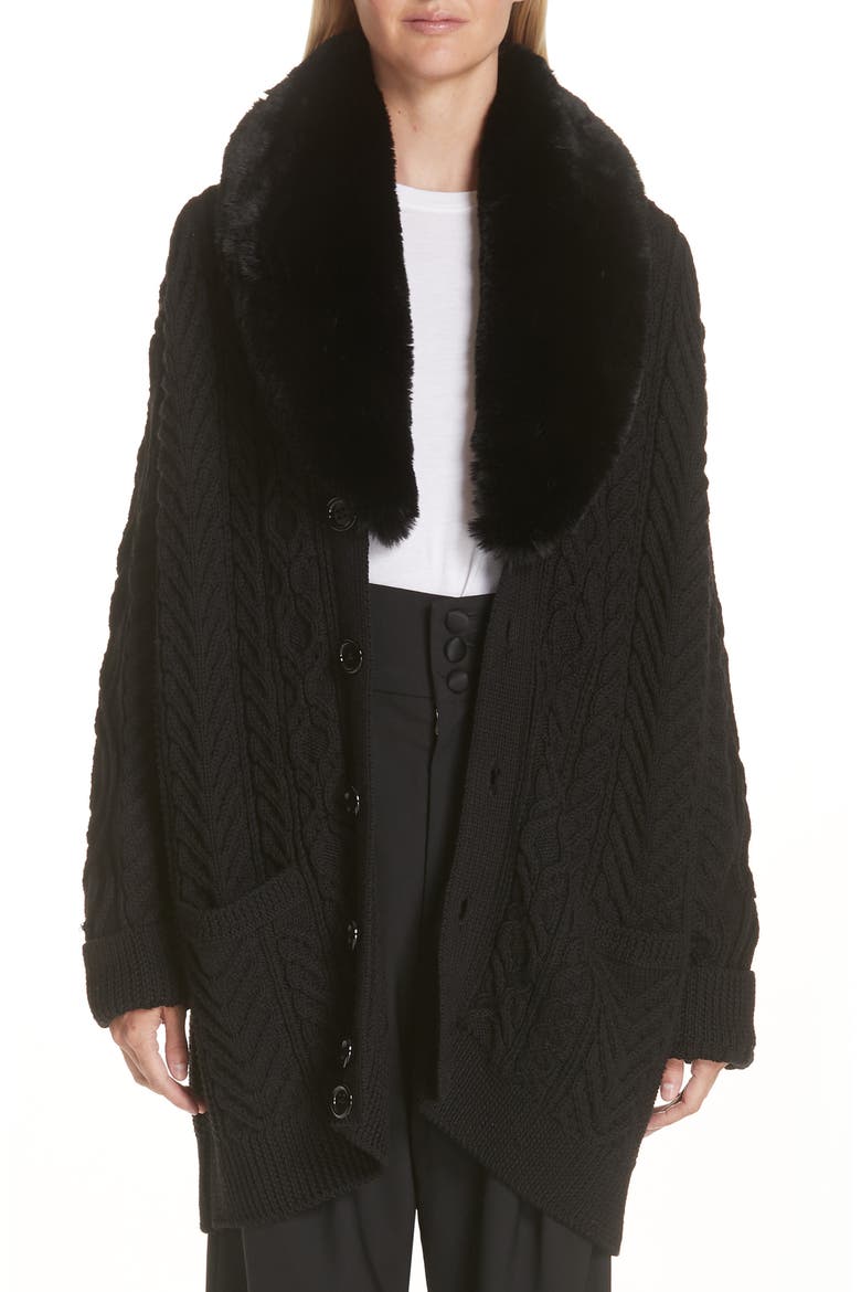 Wool Cardigan with Removable Faux Fur Collar, Main, color, BLACK