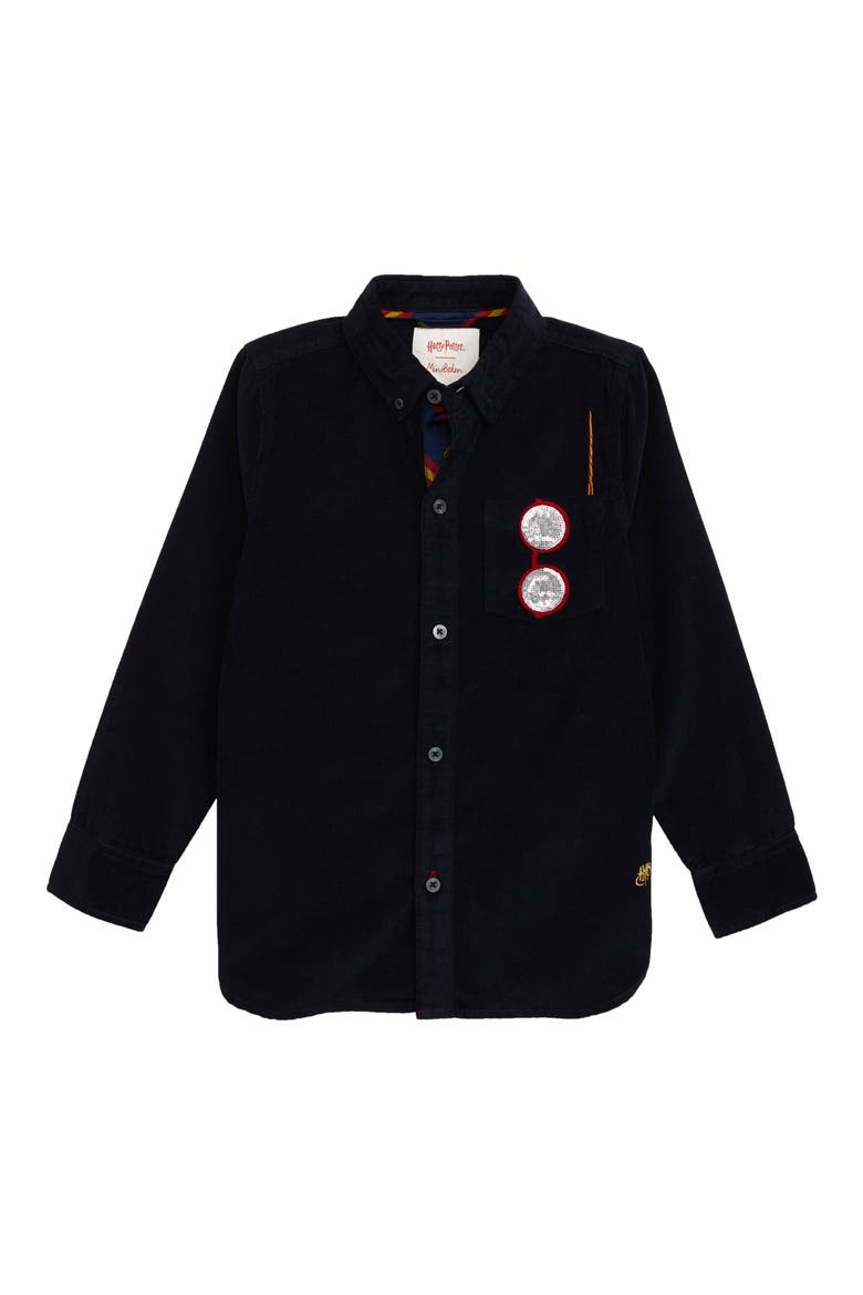 Harry Potter Sequin Glasses Corduroy Button-Up Shirt, Main, color, MIDNIGHT BLUE
