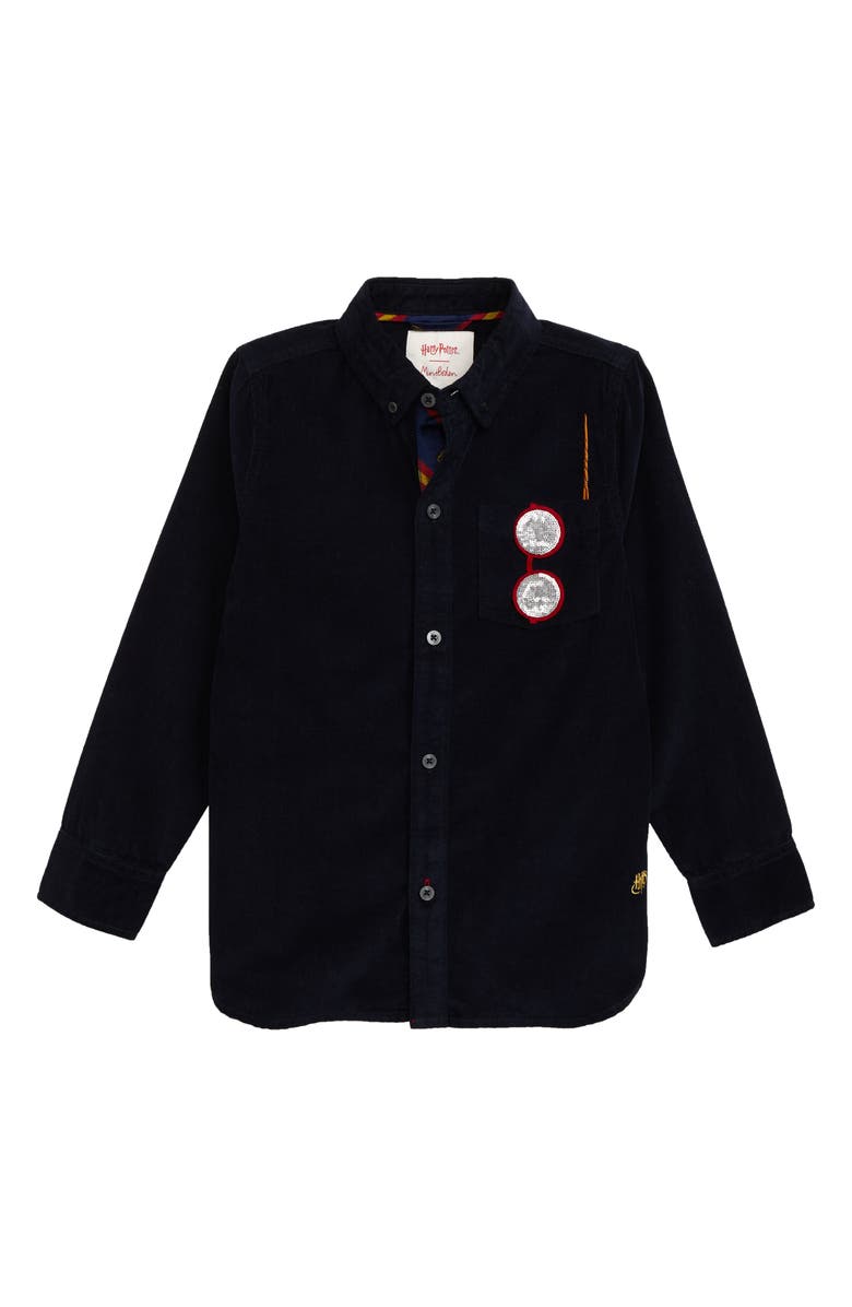 Mini Boden Harry Potter Sequin Glasses Corduroy Button-Up Shirt, Main, color,