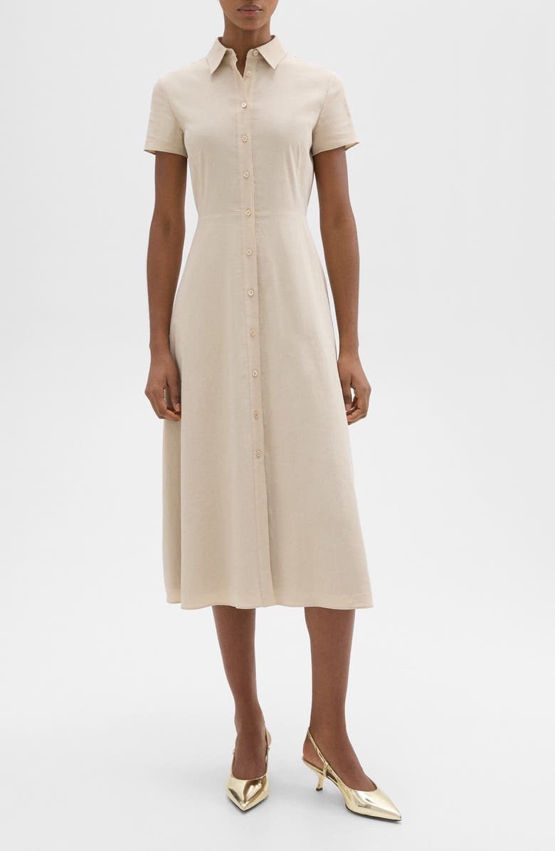 Theory Short Sleeve Linen Blend Midi Shirtdress, Main, color, Straw