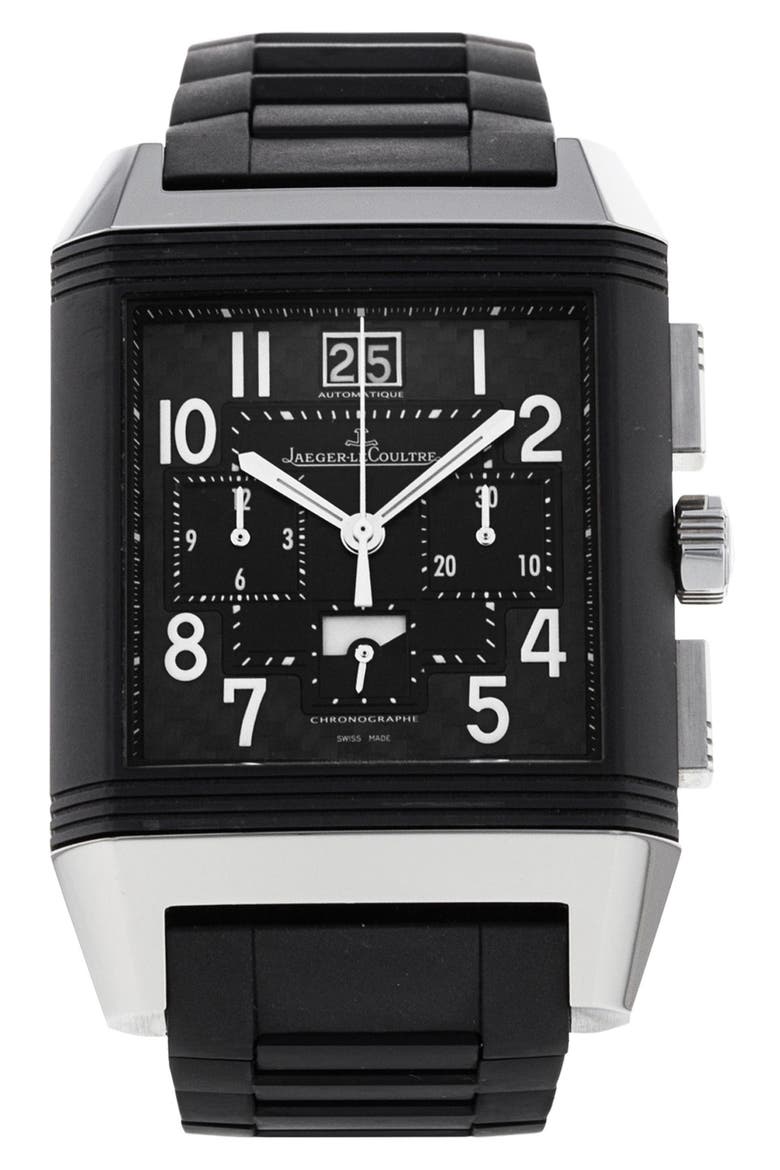 Jaeger-LeCoultre Preowned Reverso Squadra World Time Rubber Strap Chronograph Watch, 35mm, Main, color, BLACK