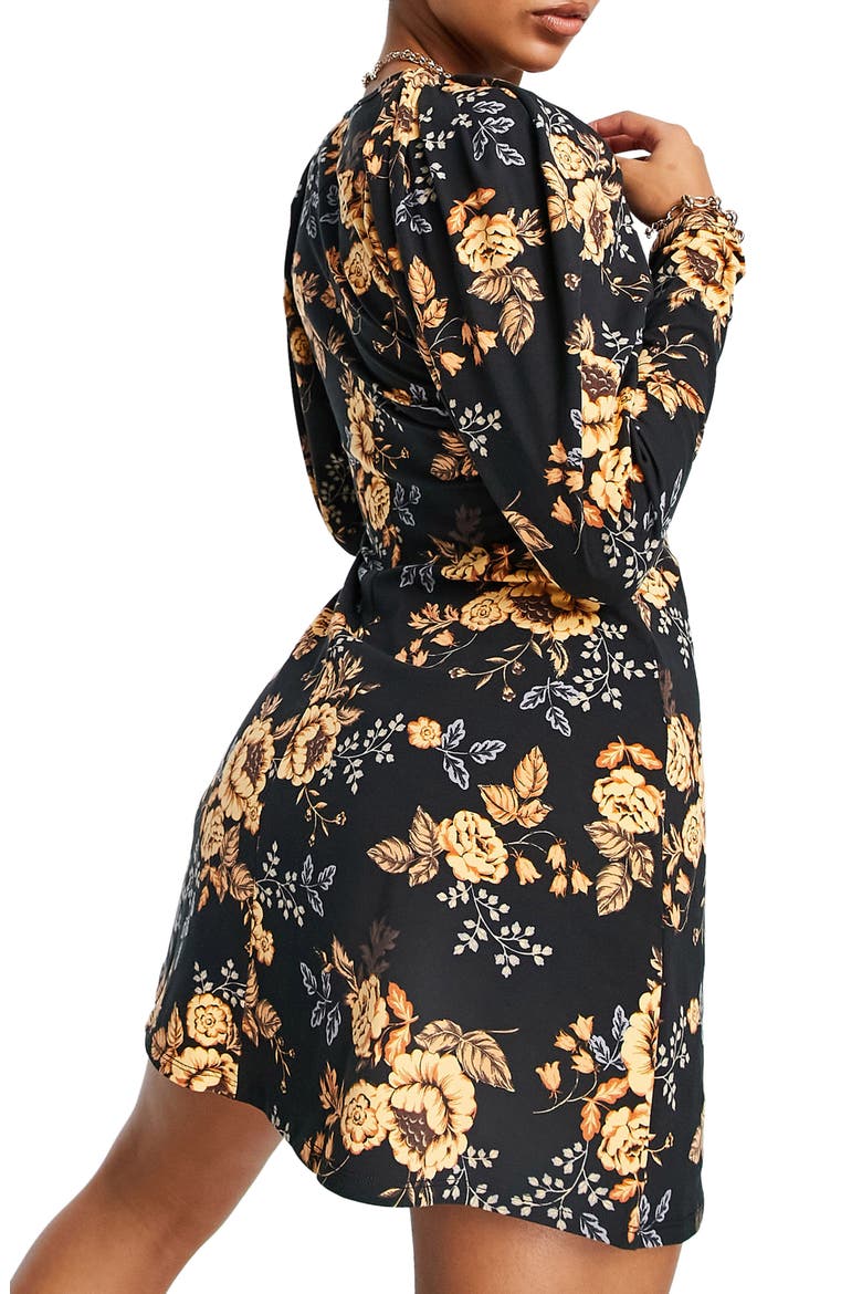 Floral Long Sleeve Stretch Cotton Ruched Jersey Dress, Alternate, color, BLACK