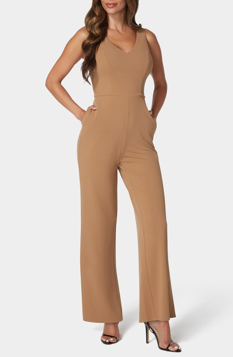 bebe V-Neck Scuba Jumpsuit, Main, color, Camel