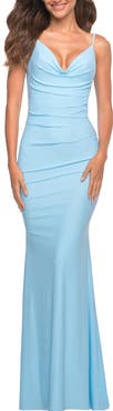 La Femme Soft Jersey Ruched Dress with Draped Neckline