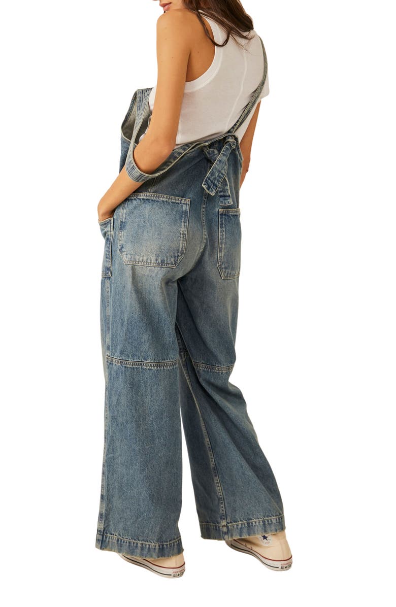 Free People Fields of Flowers Wide Leg Denim Overalls, Alternate, color,