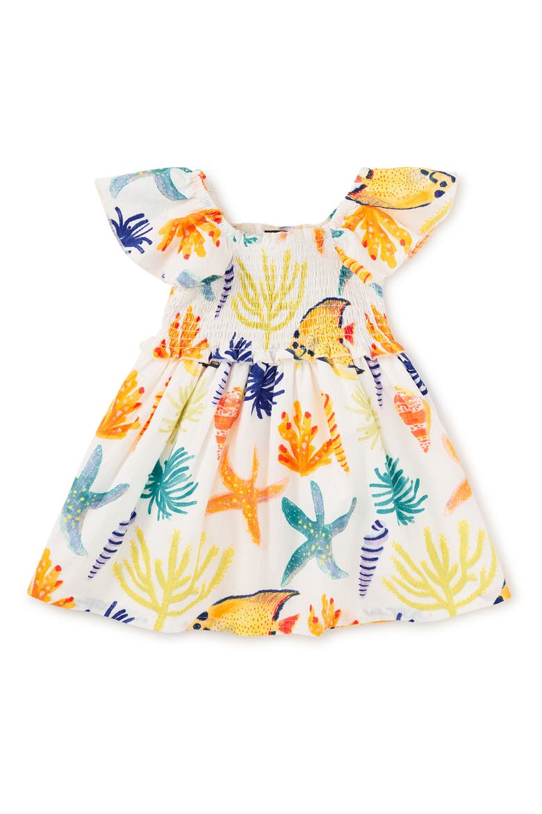 Flutter Sleeve Smocked Dress, Alternate, color, Watercolor Sea Life