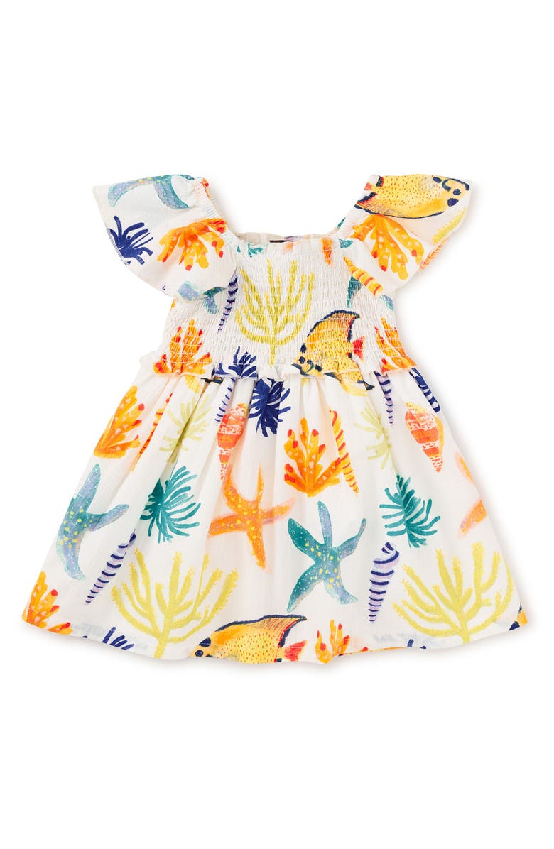 Tea Collection Flutter Sleeve Smocked Dress, Alternate, color, Watercolor Sea Life