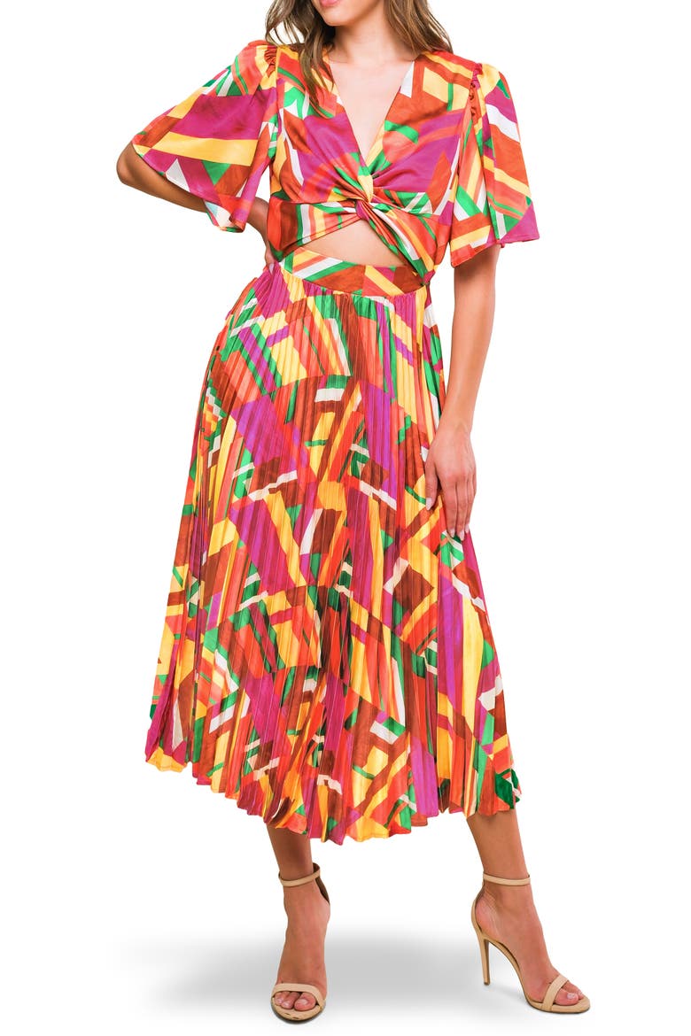 Print Midi Dress, Main, color, BROWN/ FUCHSIA/ GREEN