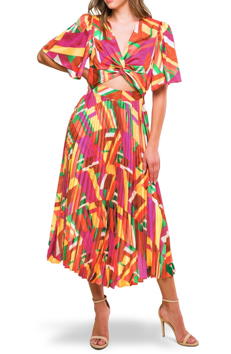 FLYING TOMATO Print Midi Dress, Main, color, Brown/ Fuchsia/ Green