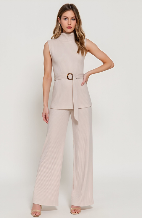 Sleeveless Ribbed Knit Belted Top and Wide-Leg Pants Set