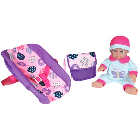 11 Inch Baby Doll & Car Seat Handbag Set, Pink Blue Purple Butterfly Outfit