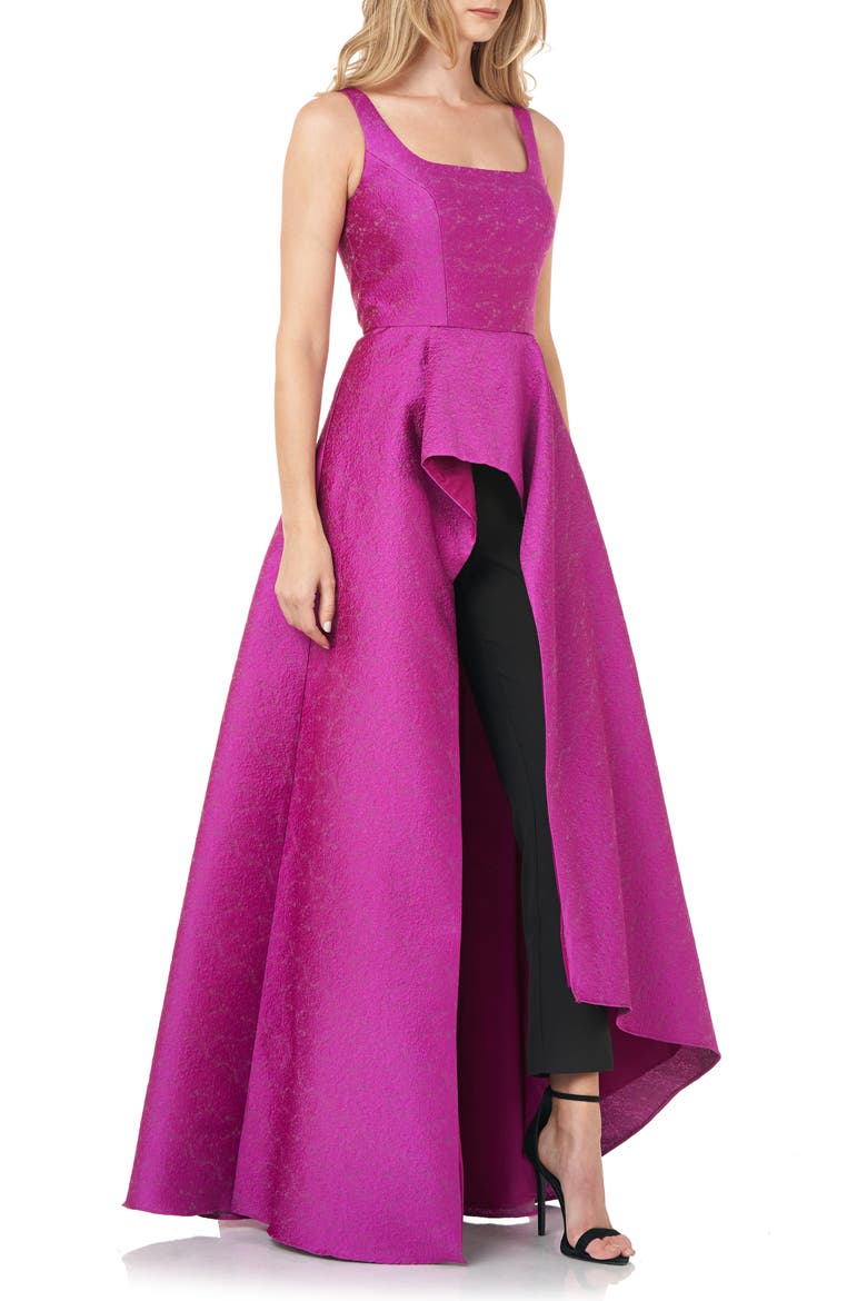 Jacquard Asymmetric Ruffle Maxi Jumpsuit, Alternate, color, CERISE