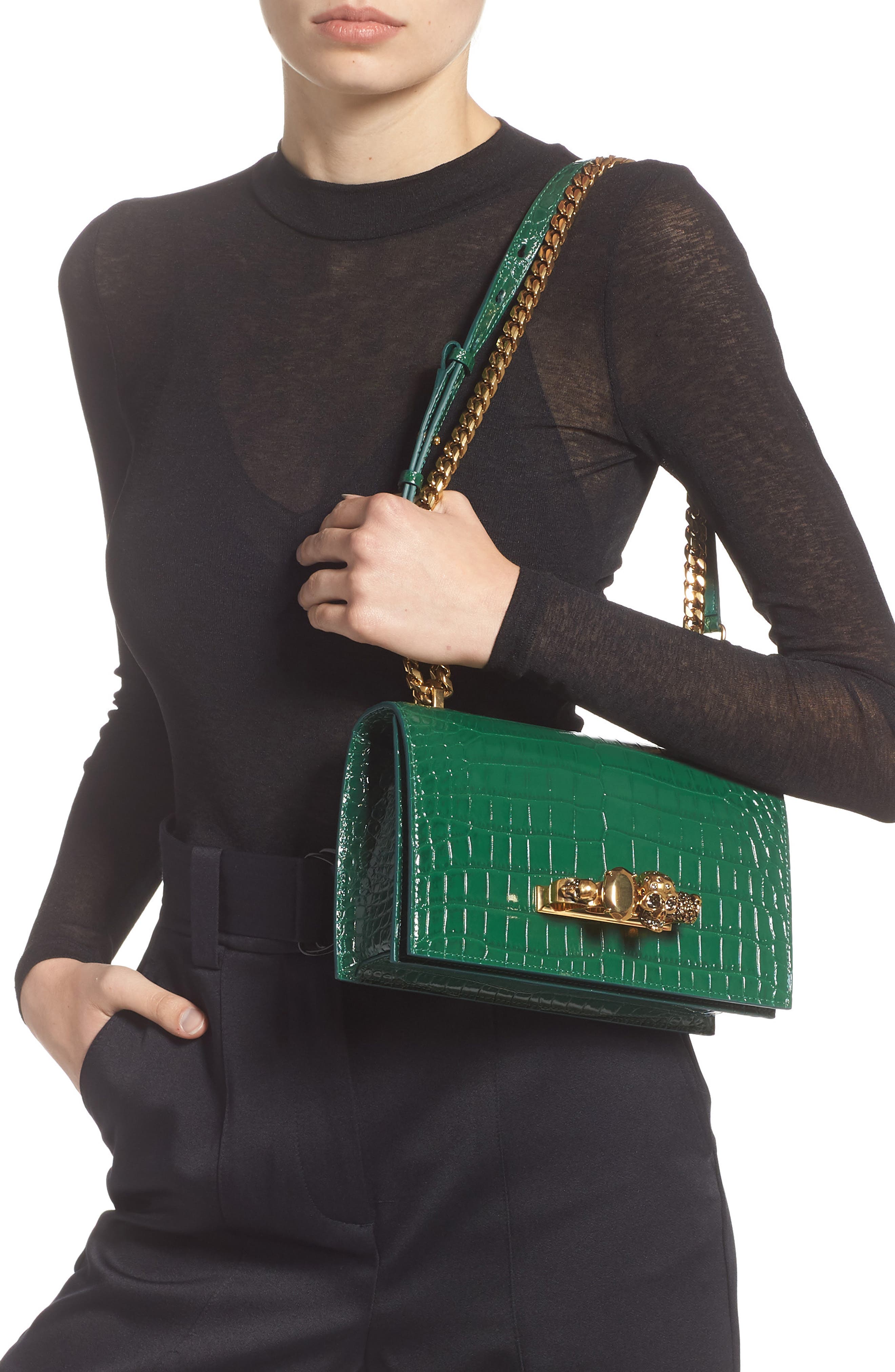 McQueen Alexander McQueen Knuckle Ring Croc Embossed Leather Crossbody Bag, Alternate, color, 
