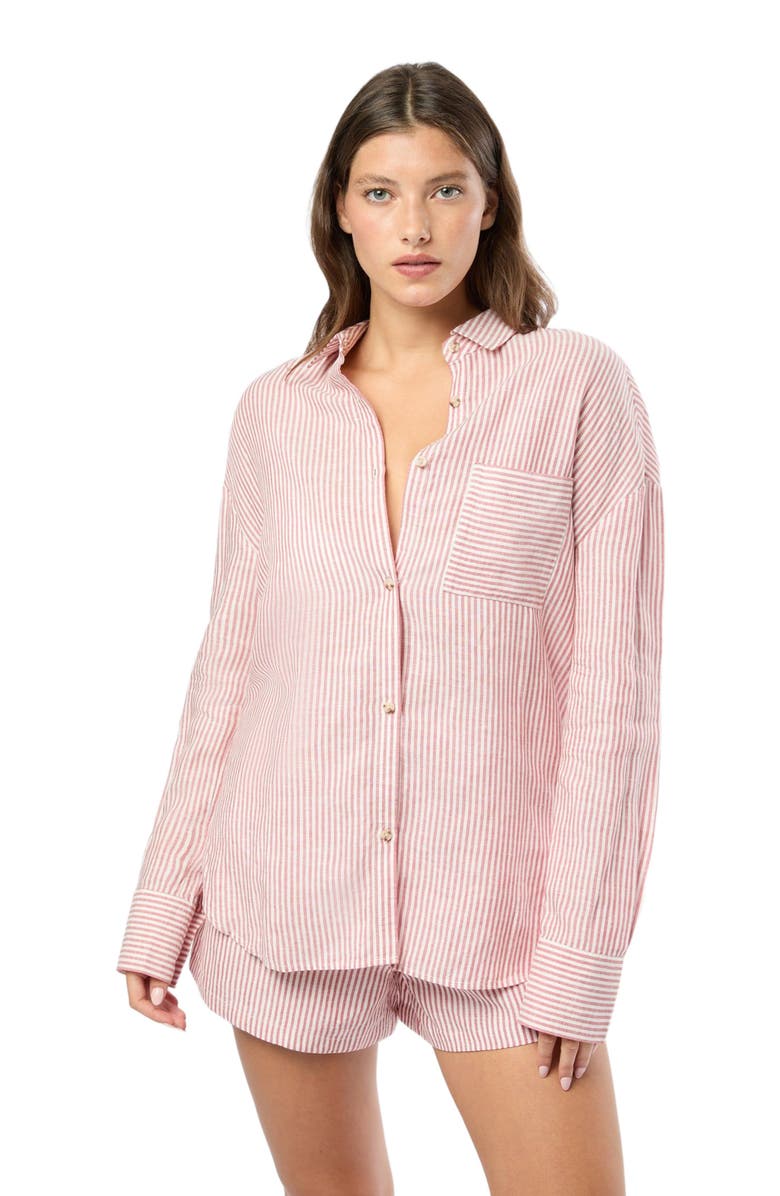 Onia Air Linen Boyfriend Shirt, Alternate, color, Dark Red/White