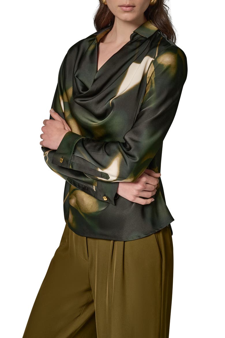 Printed Cowl Neck Satin Top, Alternate, color, OLIVE BRINE