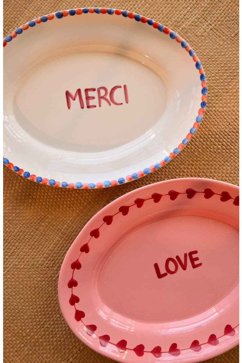 Ceramic Serving Platter Hand Painted Merci, Alternate, color, Beige