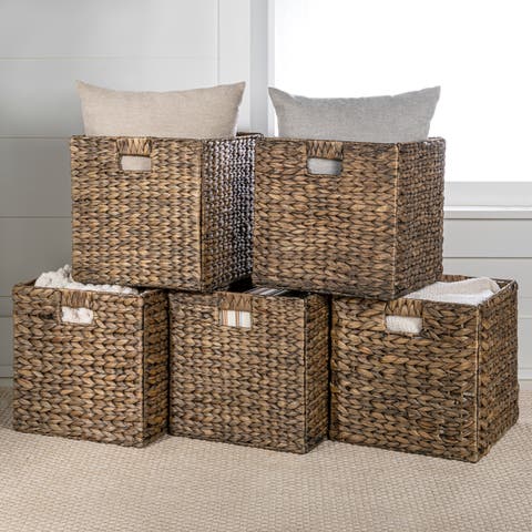 Bryce Classic Farmhouse Handwoven Hyacinth Collapsible Storage Cube Baskets with Handles, (Set of 5)