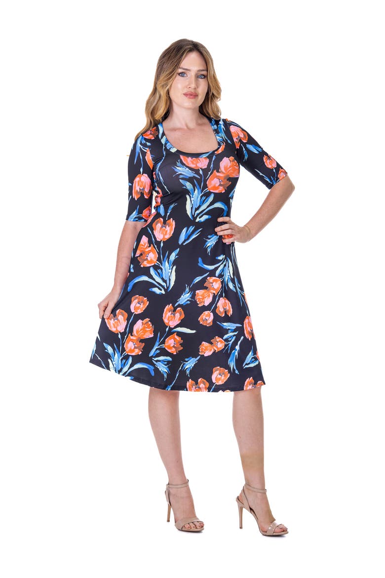 Floral Print Elbow Sleeve Knee Length Dress, Alternate, color, Navy Multi