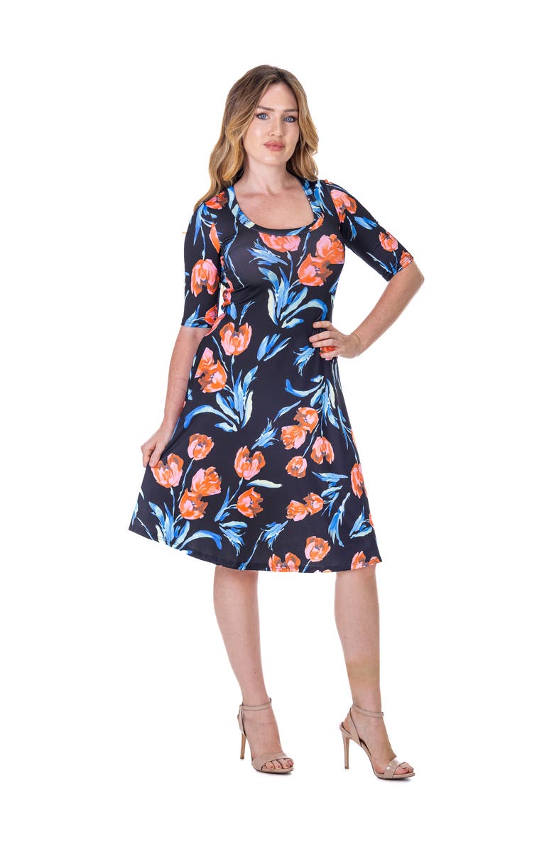 24seven Comfort Apparel Floral Print Elbow Sleeve Knee Length Dress, Alternate, color, Navy Multi