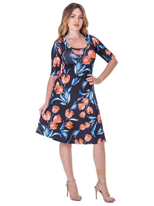 24seven Comfort Apparel Floral Print Elbow Sleeve Knee Length Dress In Multi