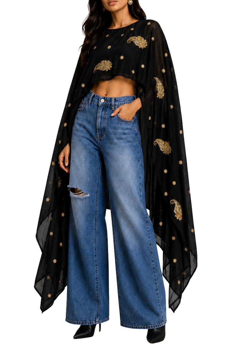 Rimi Embroidered Georgette Cape Top, Main, color, BLACK