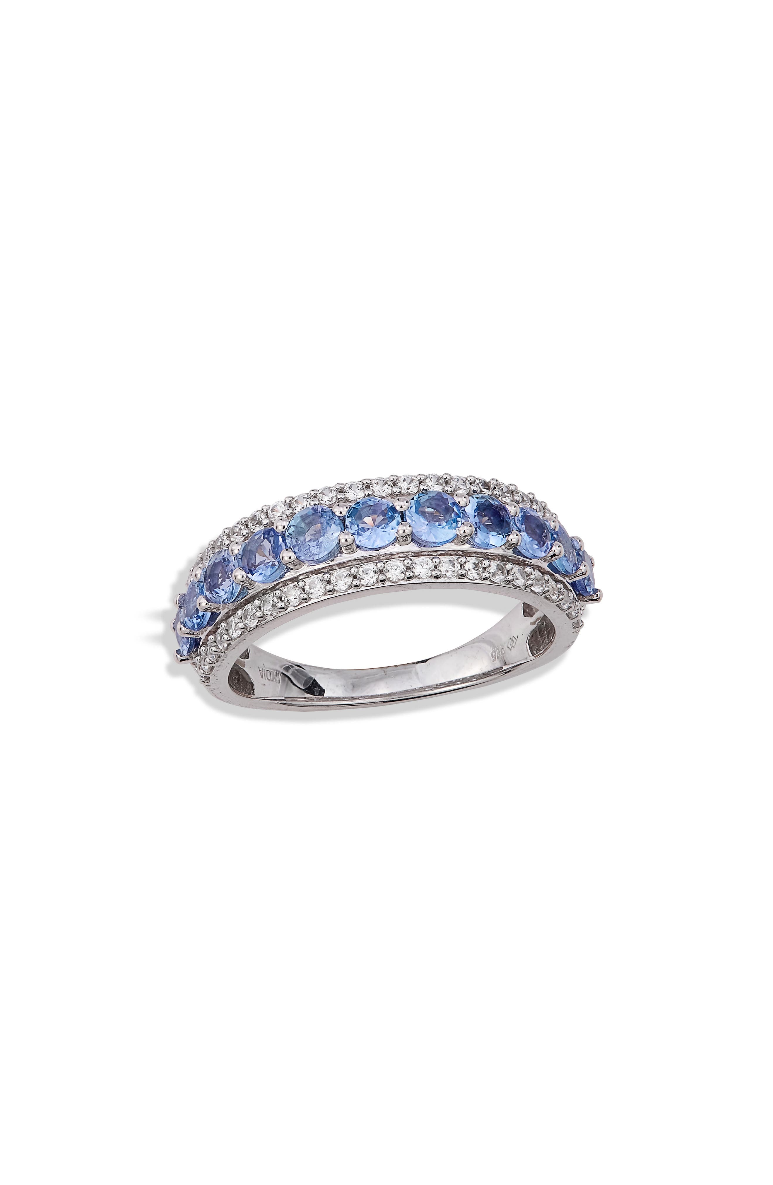 SAVVY CIE JEWELS Rhodium Plated Sterling Silver Tanzanite & White Zircon Band Ring