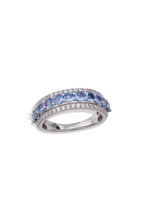 Rhodium Plated Sterling Silver Tanzanite & White Zircon Band Ring