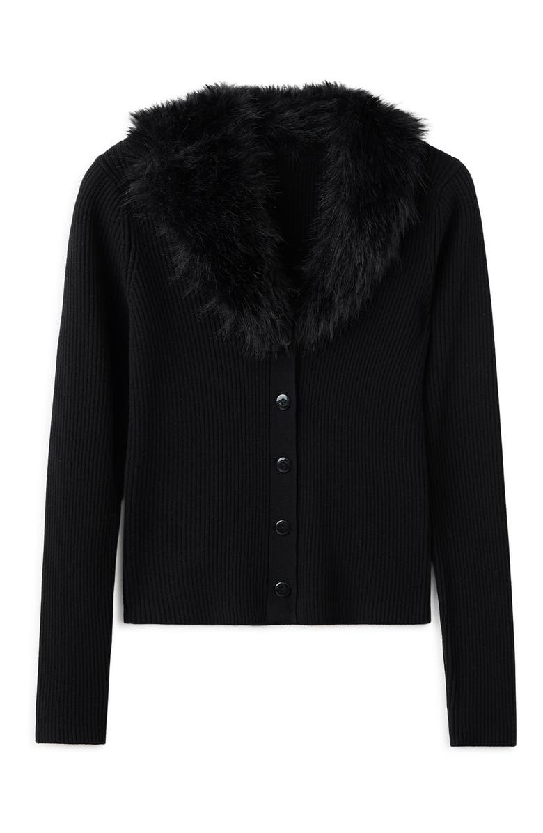 MANGO Faux Fur Collar Cardigan, Main, color, Black