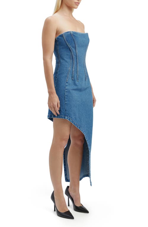 Bardot Amory Strapless Asymmetric Hem Corset Denim Dress In Vintage Blue
