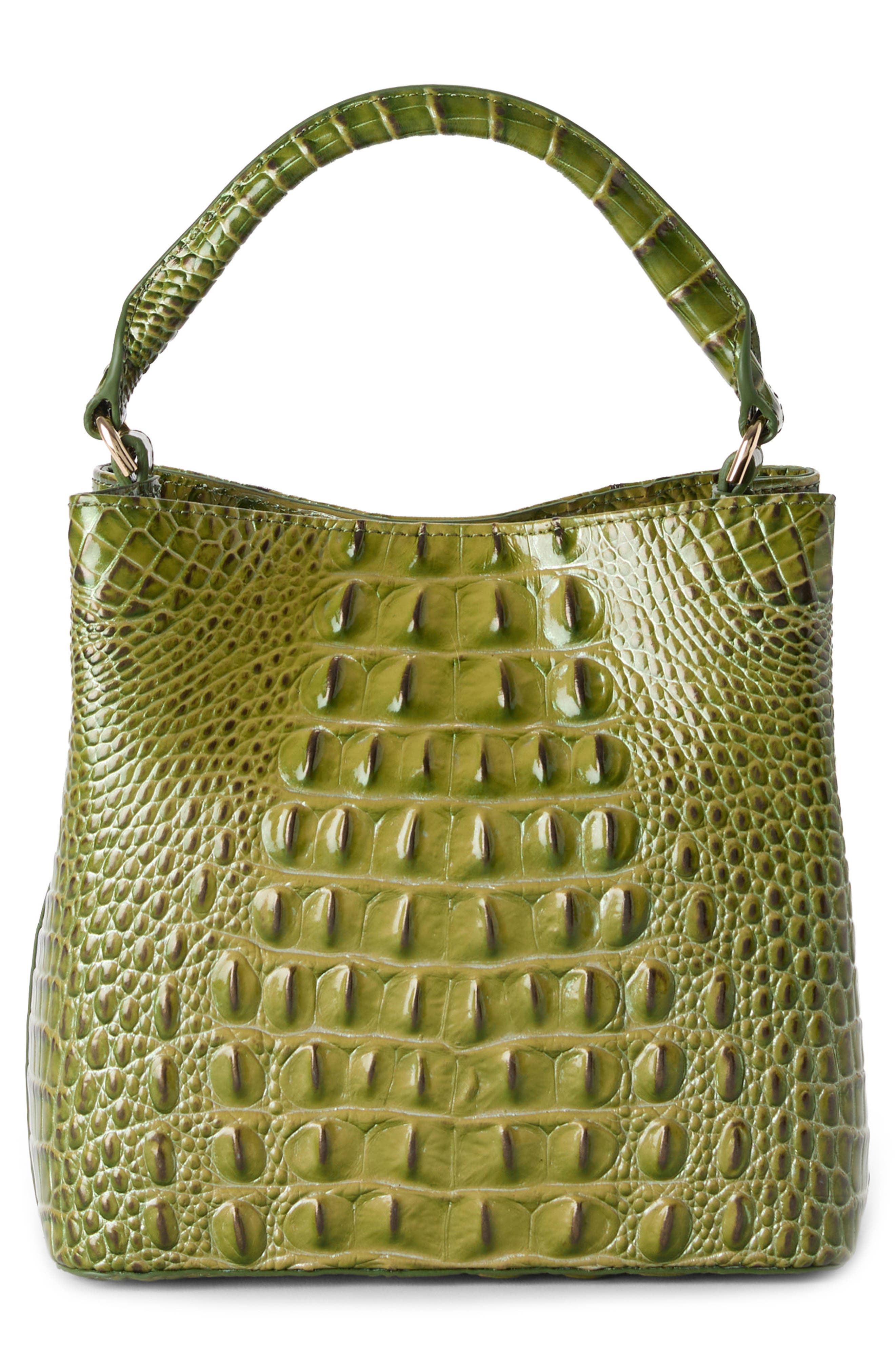 Brahmin Mini Amelia Croc Embossed Leather Top Handle Bucket Bag, Alternate, color, Olive
