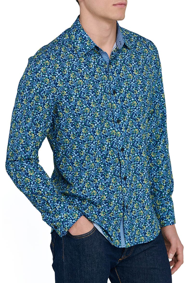 Fancy Floral Stretch Button-Up Shirt, Alternate, color, NAVY/ YELLOW
