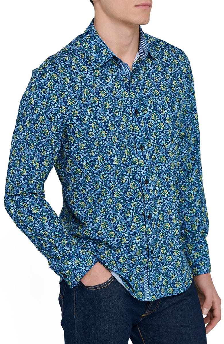 CONSTRUCT Fancy Floral Stretch Button-Up Shirt, Alternate, color, Navy/ Yellow