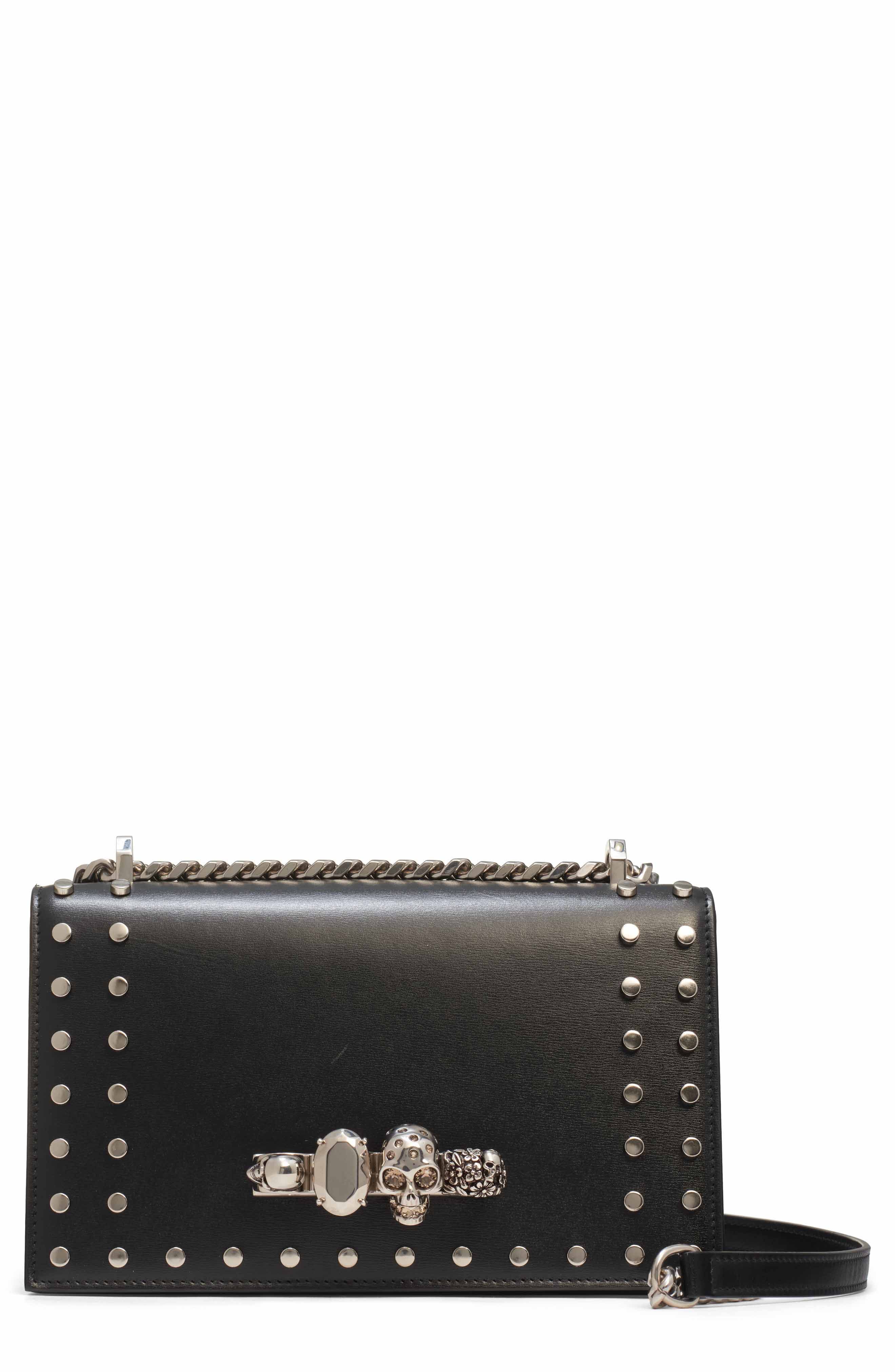 McQueen Stud & Jeweled Crystal Embellished Satchel, Main, color, 