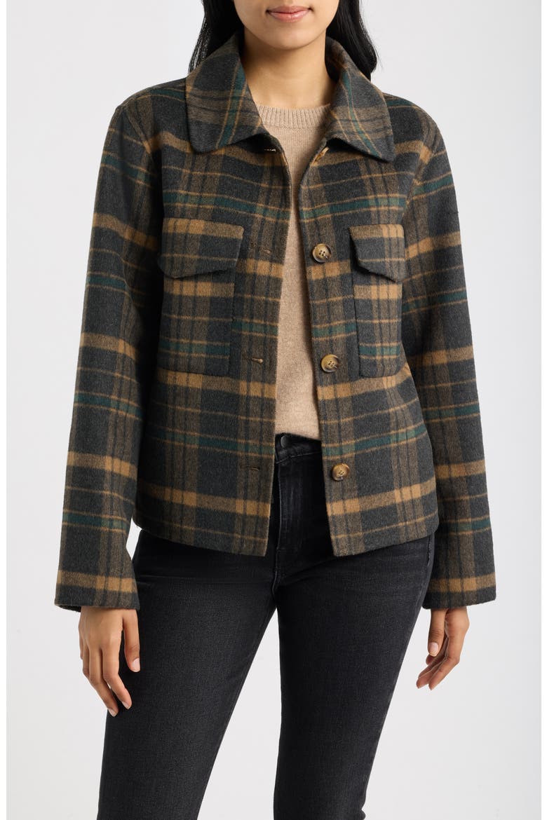 Plaid Button-Front Jacket, Main, color, GREEN PLAID/ GREEN