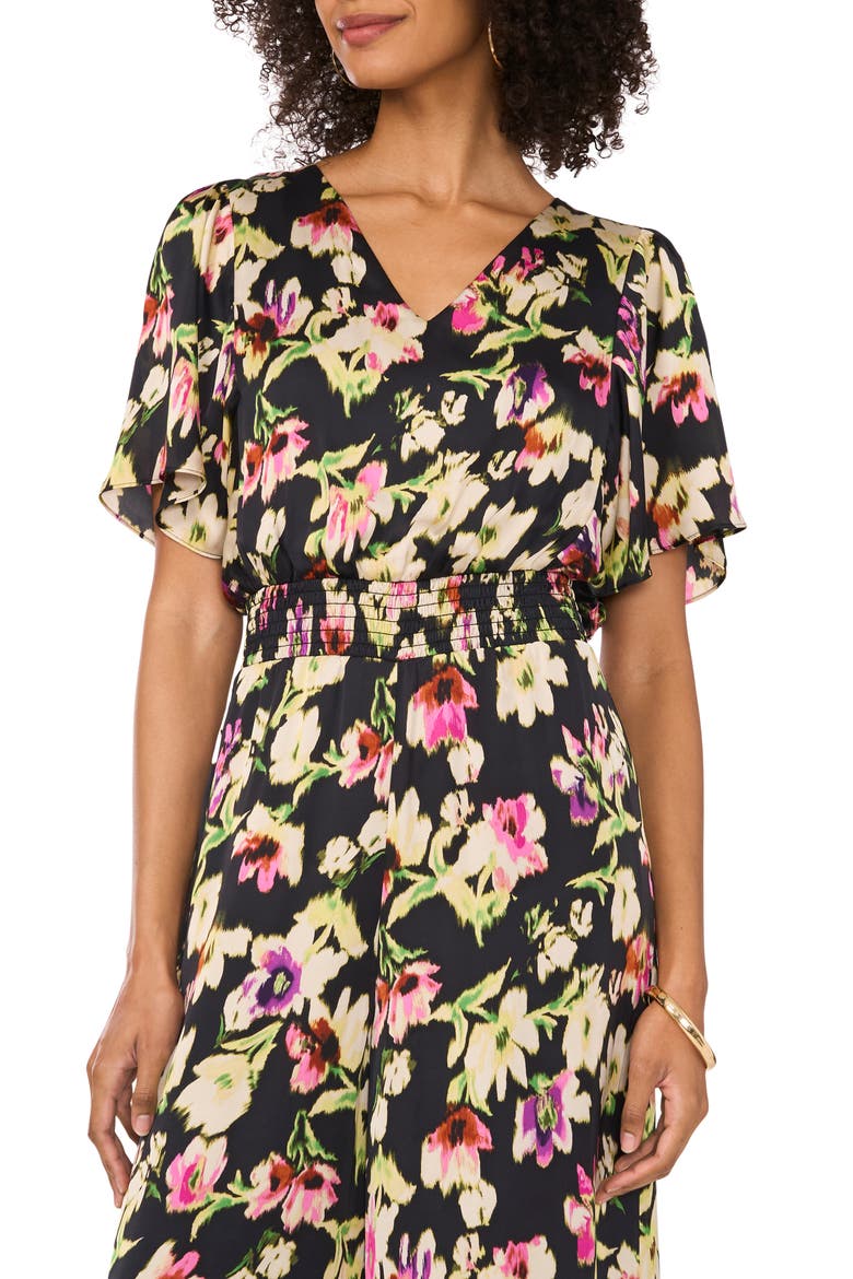 Floral Flutter Sleeve Jumpsuit, Alternate, color, RICH BLACK