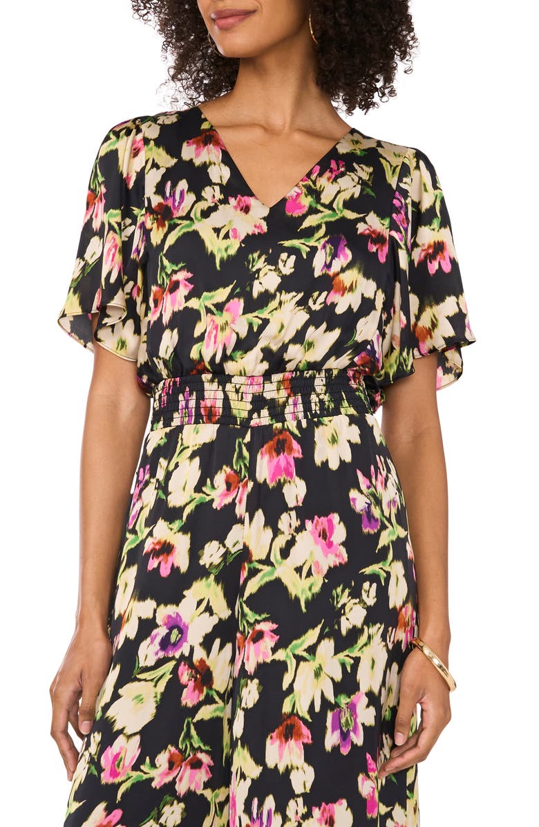 Vince Camuto Floral Flutter Sleeve Jumpsuit, Alternate, color, Rich Black