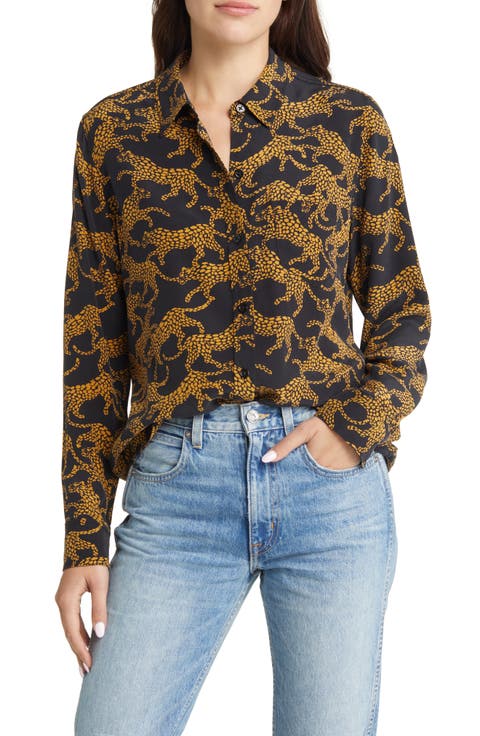 Kate Lynx Print Silk Button-Up Blouse