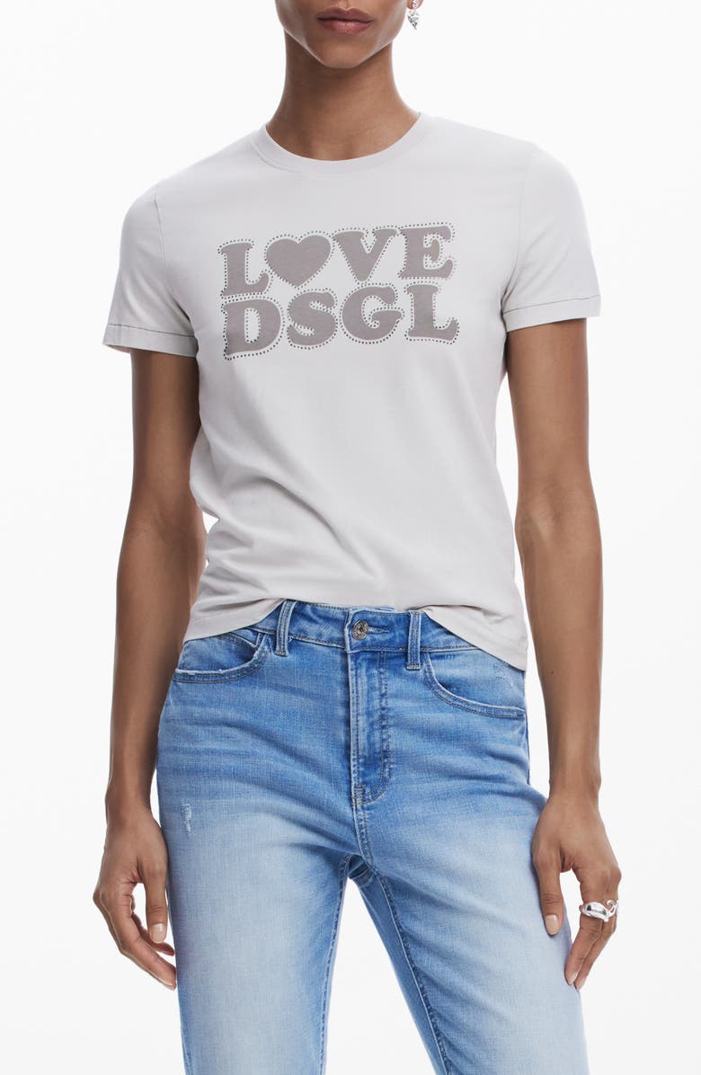 Desigual Rhinestone Embellished Cotton Graphic T-Shirt, Main, color, Neutral Gray