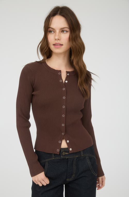 Blu Pepper Snap Button Front Rib Long Sleeve Top In Brown