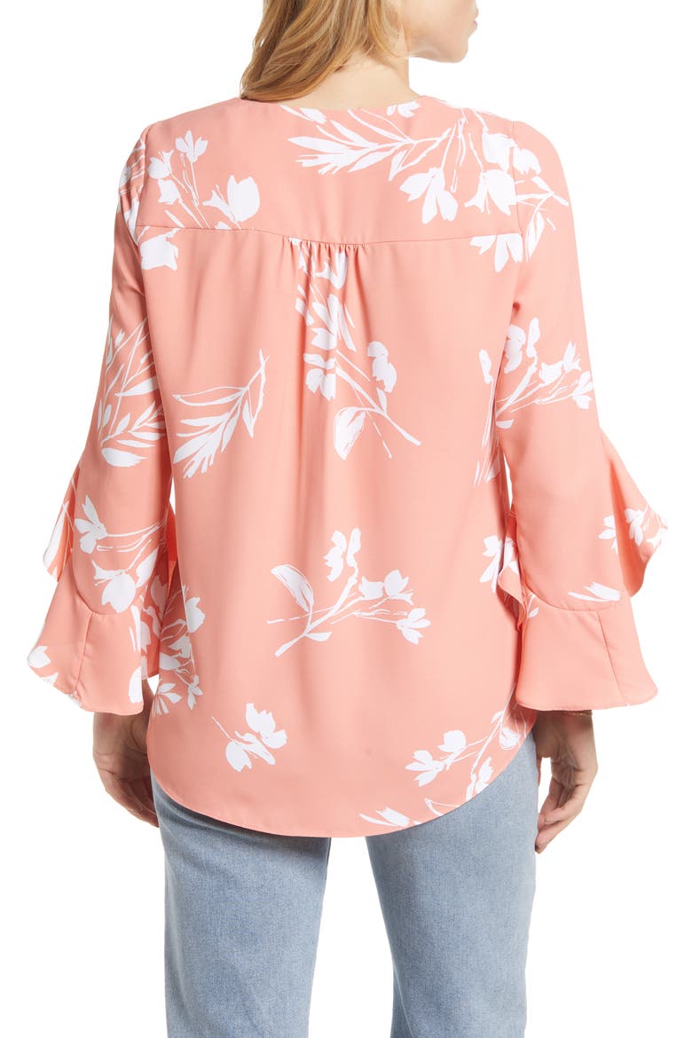 Floral Print Trumpet Sleeve Top, Alternate, color, CORAL