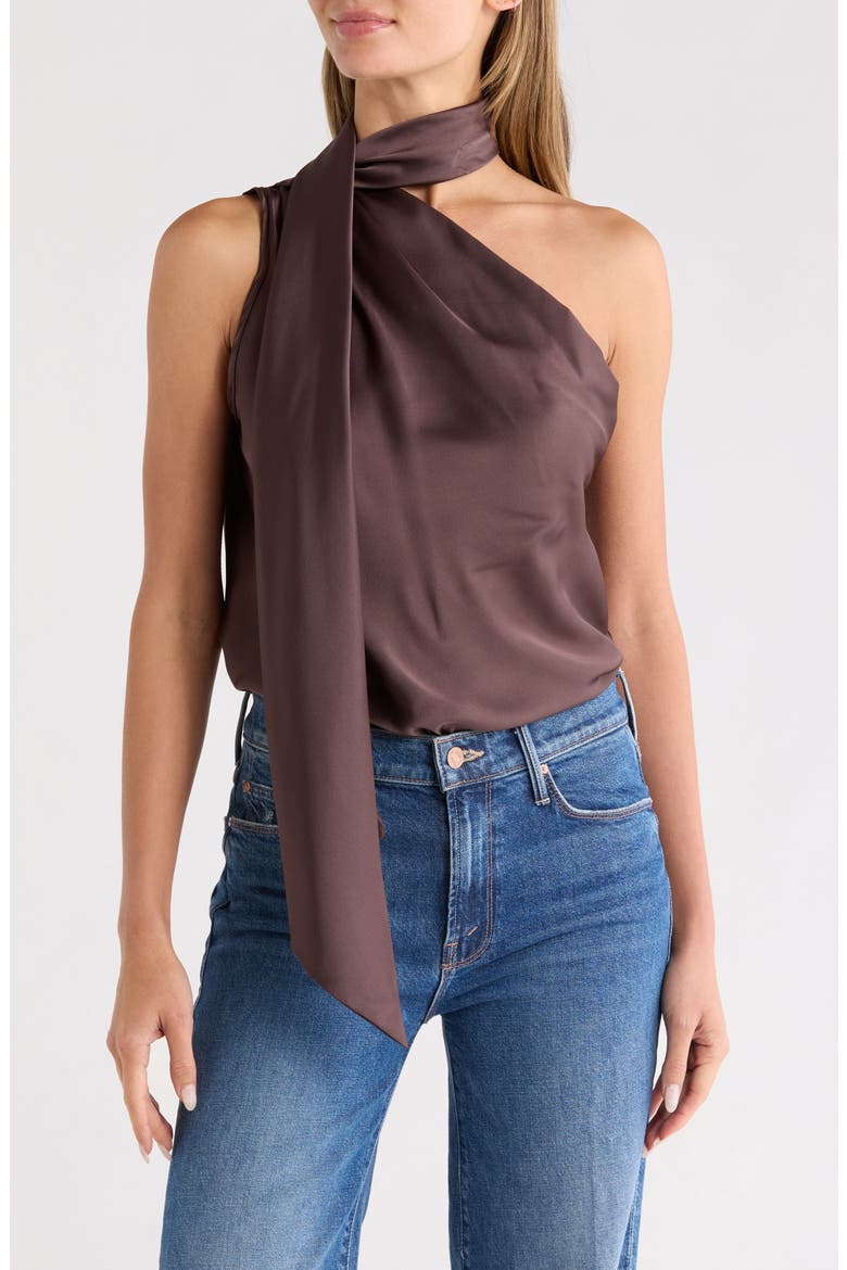 Scarf Detail One-Shoulder Satin Top, Main, color, BROWN