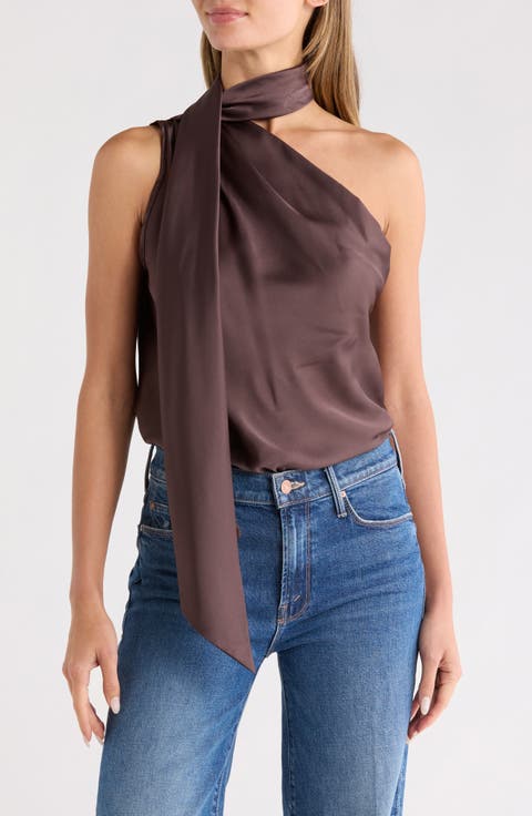 Scarf Detail One-Shoulder Satin Top