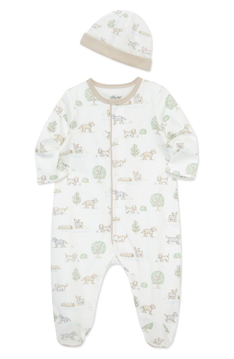Little Me Puppy Park Cotton Footie & Hat Set, Alternate, color, Ivory