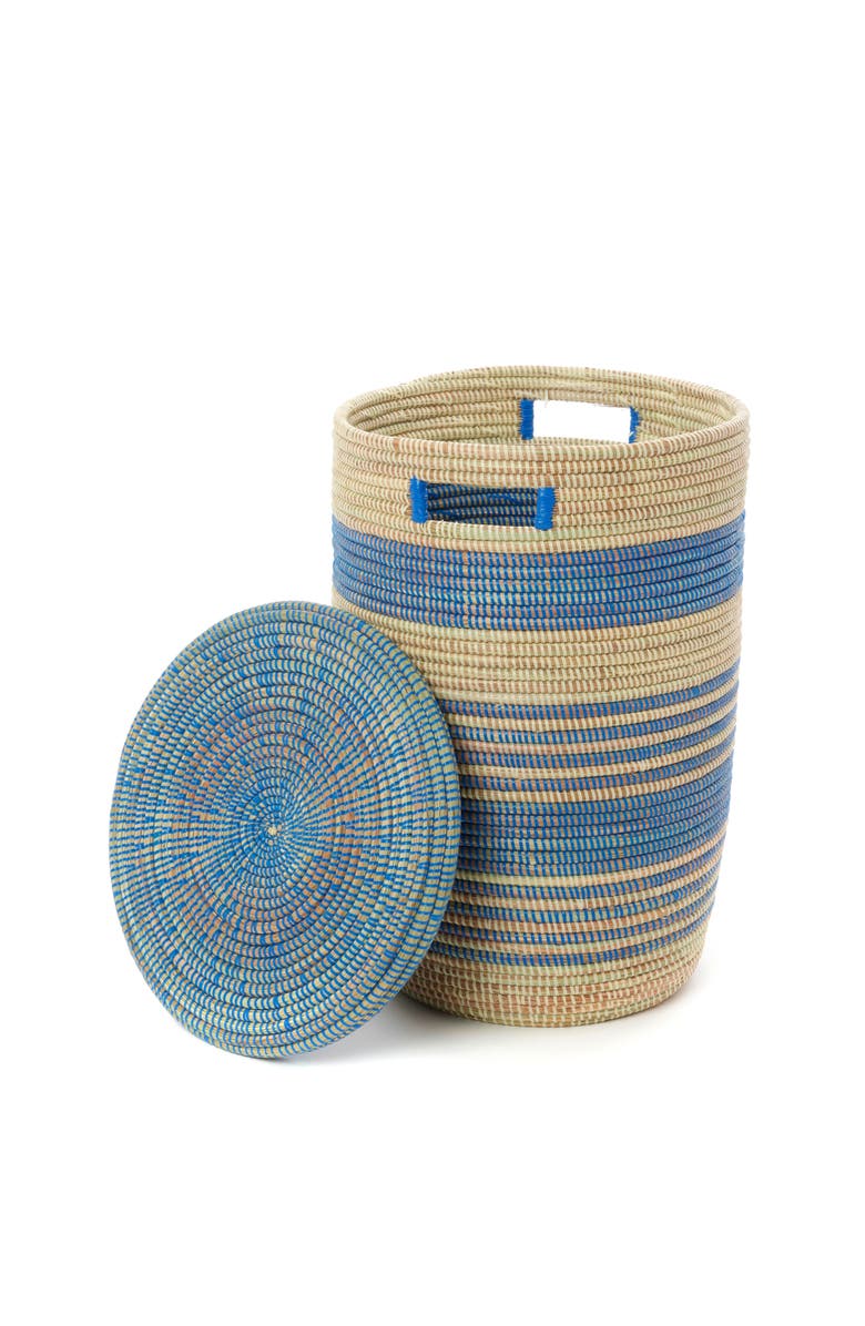 African Modern Set of Three Blue Ebb & Flow Striped Hampers, Alternate, color, Blue