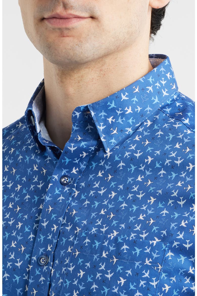 Logan Airplane Print Short Sleeve Cotton Blend Button-Up Shirt, Alternate, color, NAVY FLIGHT PATHS