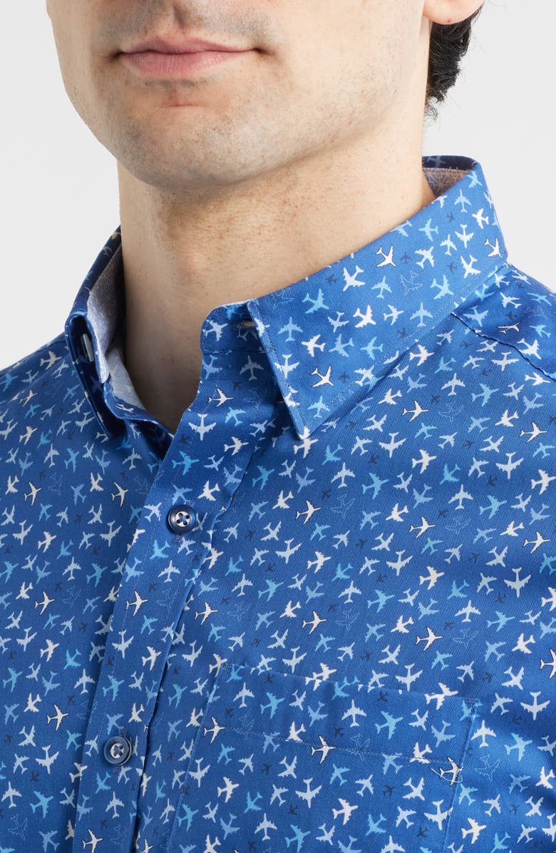 Johnston & Murphy Logan Airplane Print Short Sleeve Cotton Blend Button-Up Shirt, Alternate, color, Navy Flight Paths