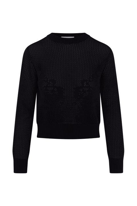 Crochet Design Cropped Ribbed Trim Sweater