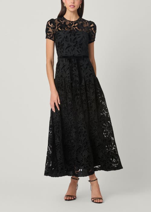Shoshanna Farah Puff-sleeve Velvet Lace Midi Dress In Black